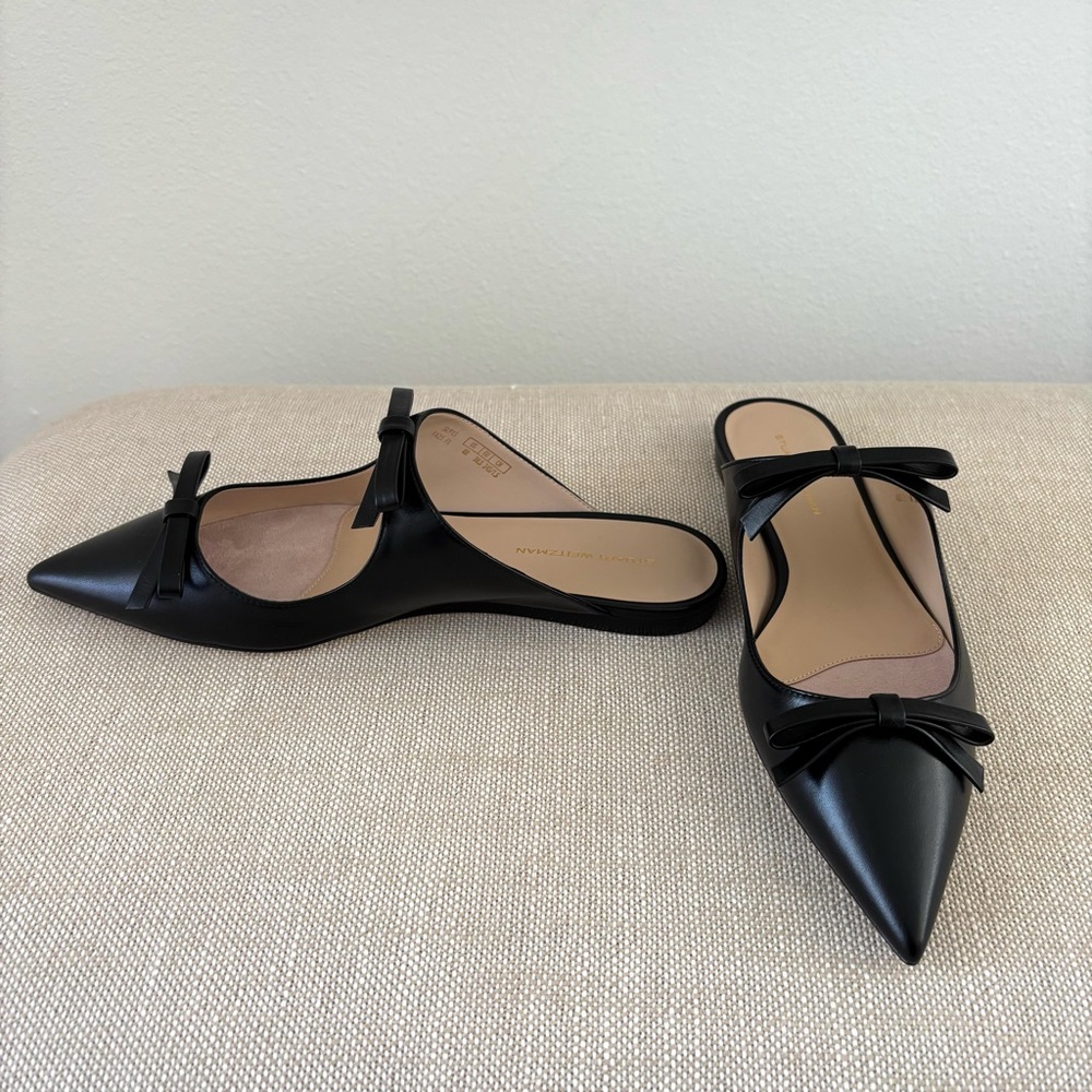 Stuart Weitzman Reese Flat Slide NIB Black Leather Mary-Jane Bows Pointy Toes 8 - Picture 5 of 15